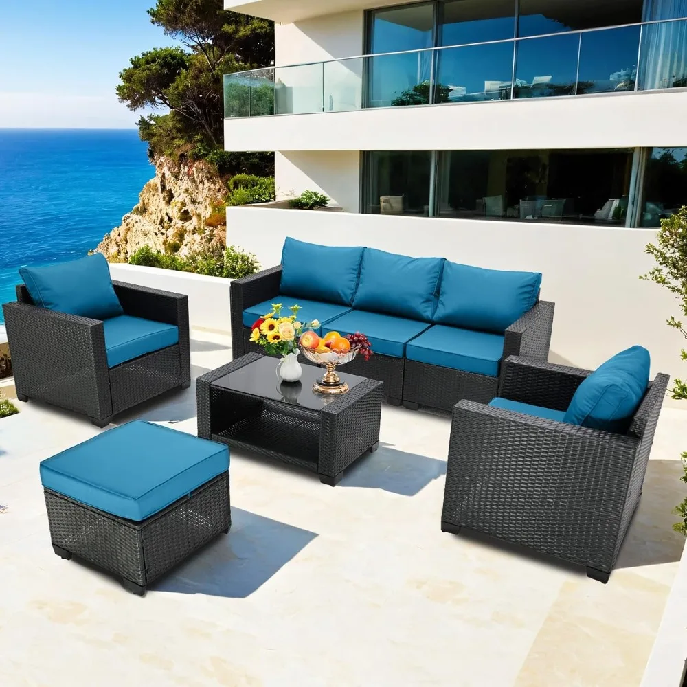 

7-Piece PE Rattan Outdoor Furniture Set - Modular Outdoor Patio Sectional Furniture Set with Ottoman & Two-Tier Coffee Table