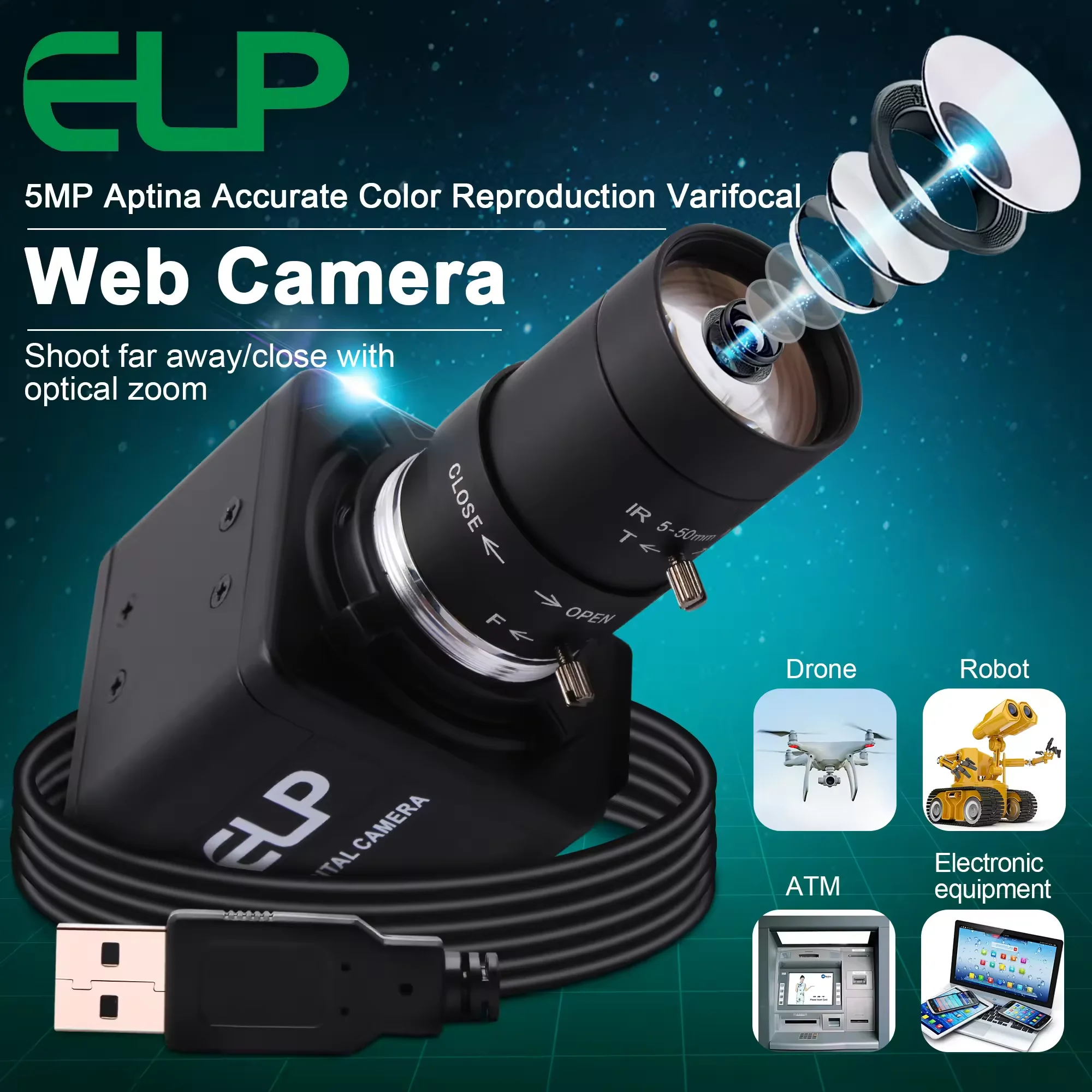 SVPRO 5MP USB Webcam com CS Lente Varifocal Zoom Óptico Câmera Industrial Plug and Play para Windows Linux MacOS
