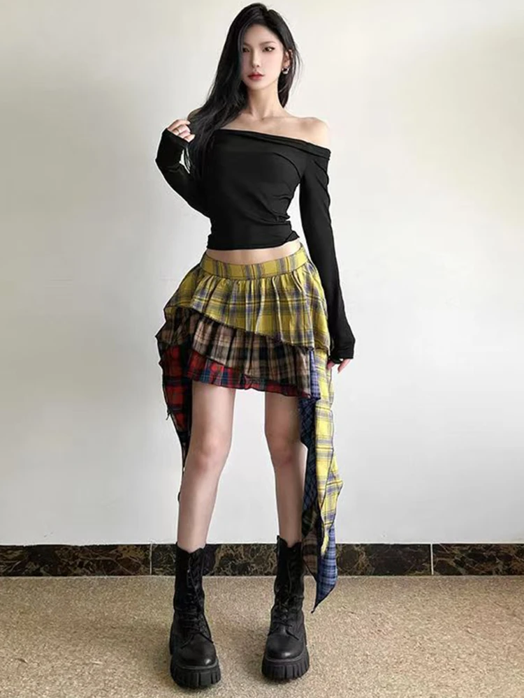 

Ретро Гонконгская асимметричная юбка с высокой талией для женщин, цветная блузка трапециевидной формы для девочек, осеннее новое поступление