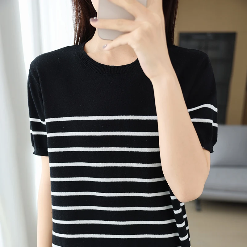 100% Reine Baumwolle Gestreiftes Damen-Kurzarm-Sommer-T-Shirt Neues Dünnes Rundhals-T-Shirt Lässiges Basis-Strickoberteil