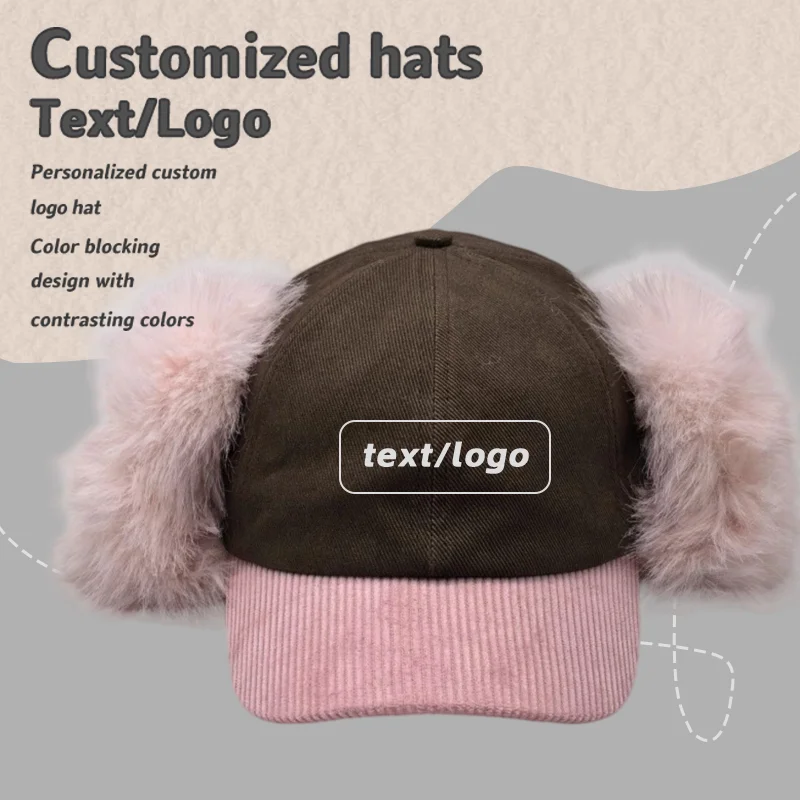 Custom Logo Winter Plush Ear Protector Baseball Caps Imitation Rabbit Hair Corduroy Splicing Warm Men and Women Peaked Cap