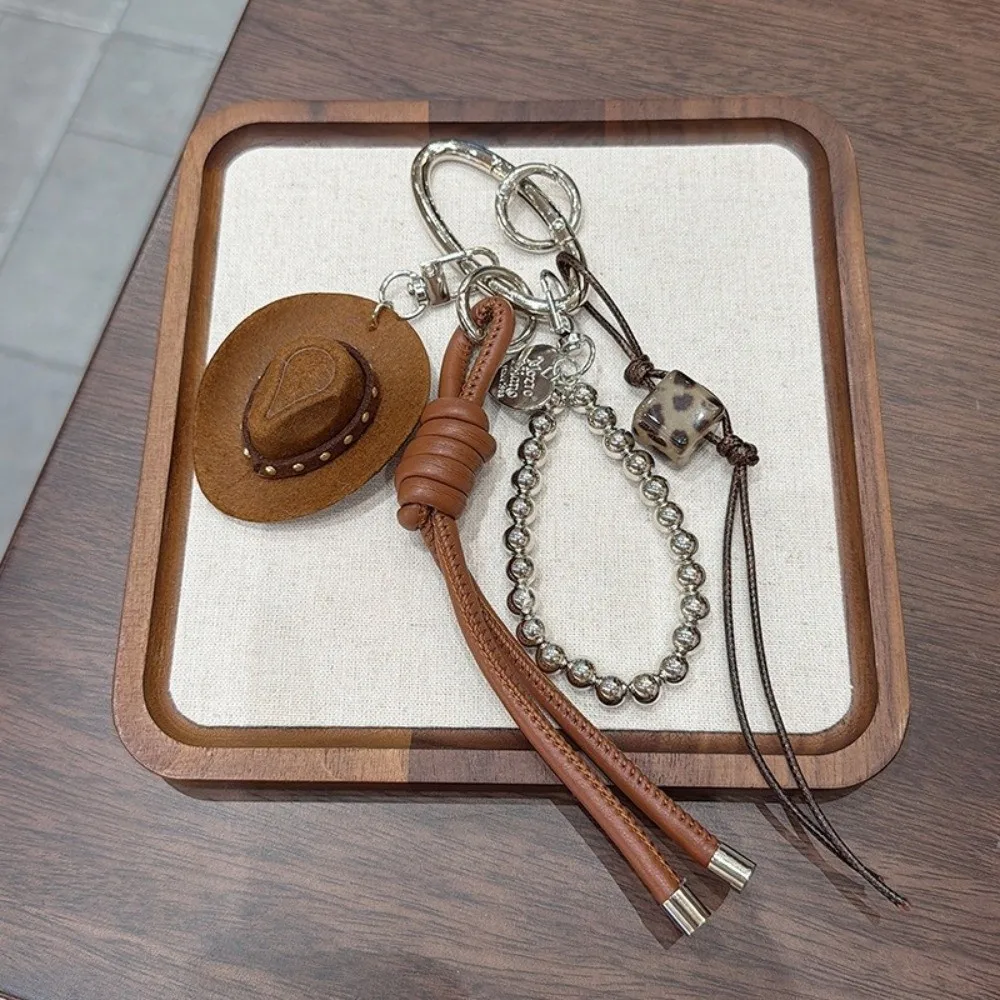Handmade Braided Cowboy Hat Keychain Leopard Print Colorful Beaded Braided Rope Keychain Good Fortune Charm Faux Leather
