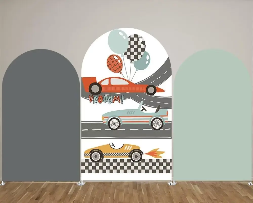 

Race Car 2-Sided Arched Backdrop Covers for Racing Parties RacingTrack Arch Stand for Boys Birthday Party Display Props