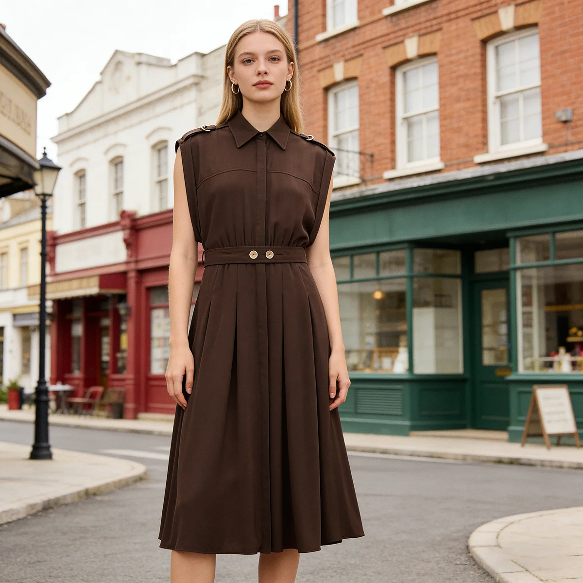 

Модное летнее коричневое платье миди 2026 года для женщин, без рукавов, с погонами, с поясом, элегантное офисное платье-рубашка, рабочая одежда, весенние платья