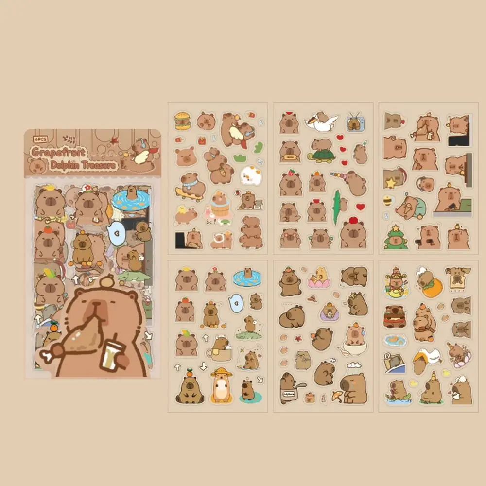 

6 Pcs/Bag Cute Capybara Hand Ledger Stickers Cartoon Animal Aesthetic Scrapbooking DIY Material Creative Waterproof