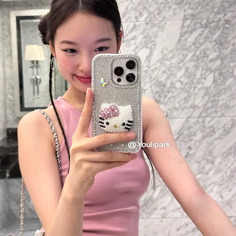 Kawaii Cartoon Sanrios Mobile Phone Case Applicable 15Promax Iphone16Pro Hello Kittys Full Diamond Three-Dimensional Girl Gift