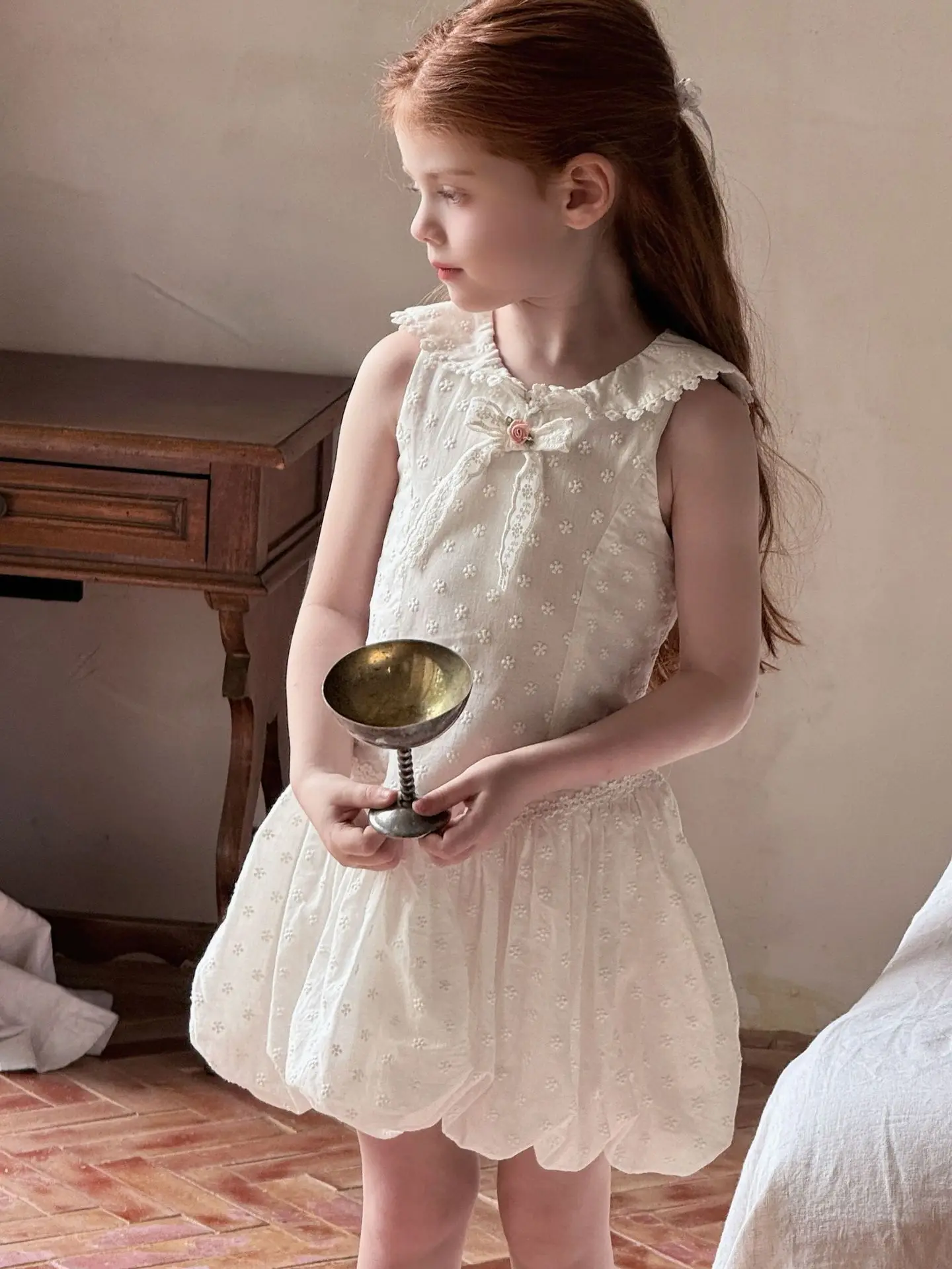 2025 Spring Summer New Children Clothing Korean Girls Bow Fresh Splicing Lace Rope Vest Flower Bud Dress