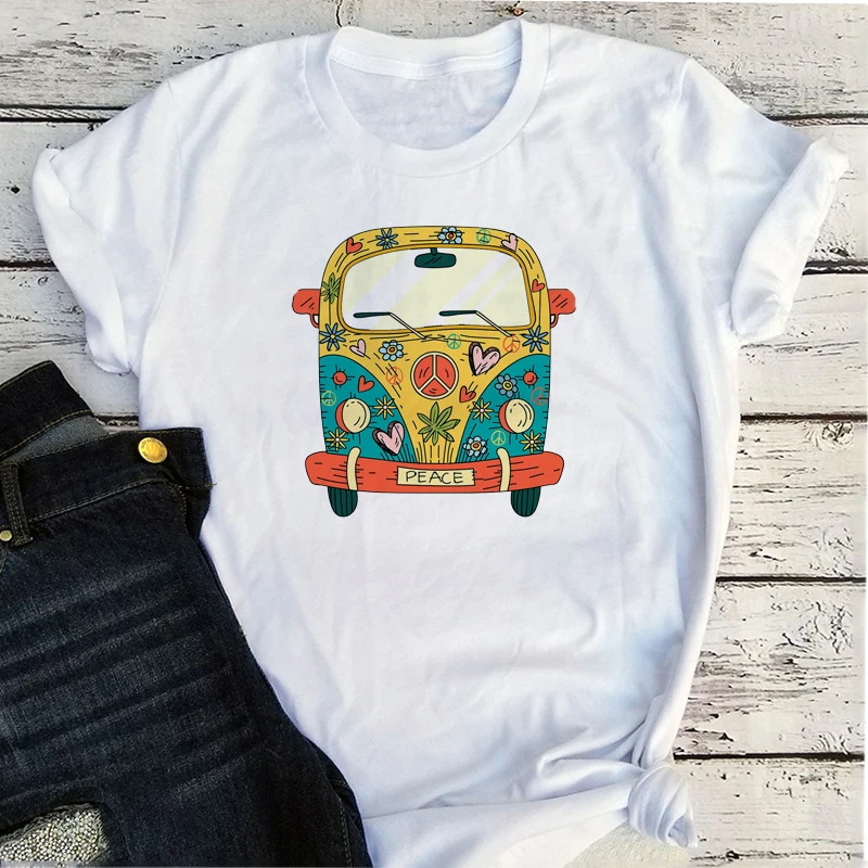 

Flower Bus Graphic T Shirts 2022 Women Fashion Summer Clothing O-Neck Cartoon Aesthetic Clothes Harajuku White M