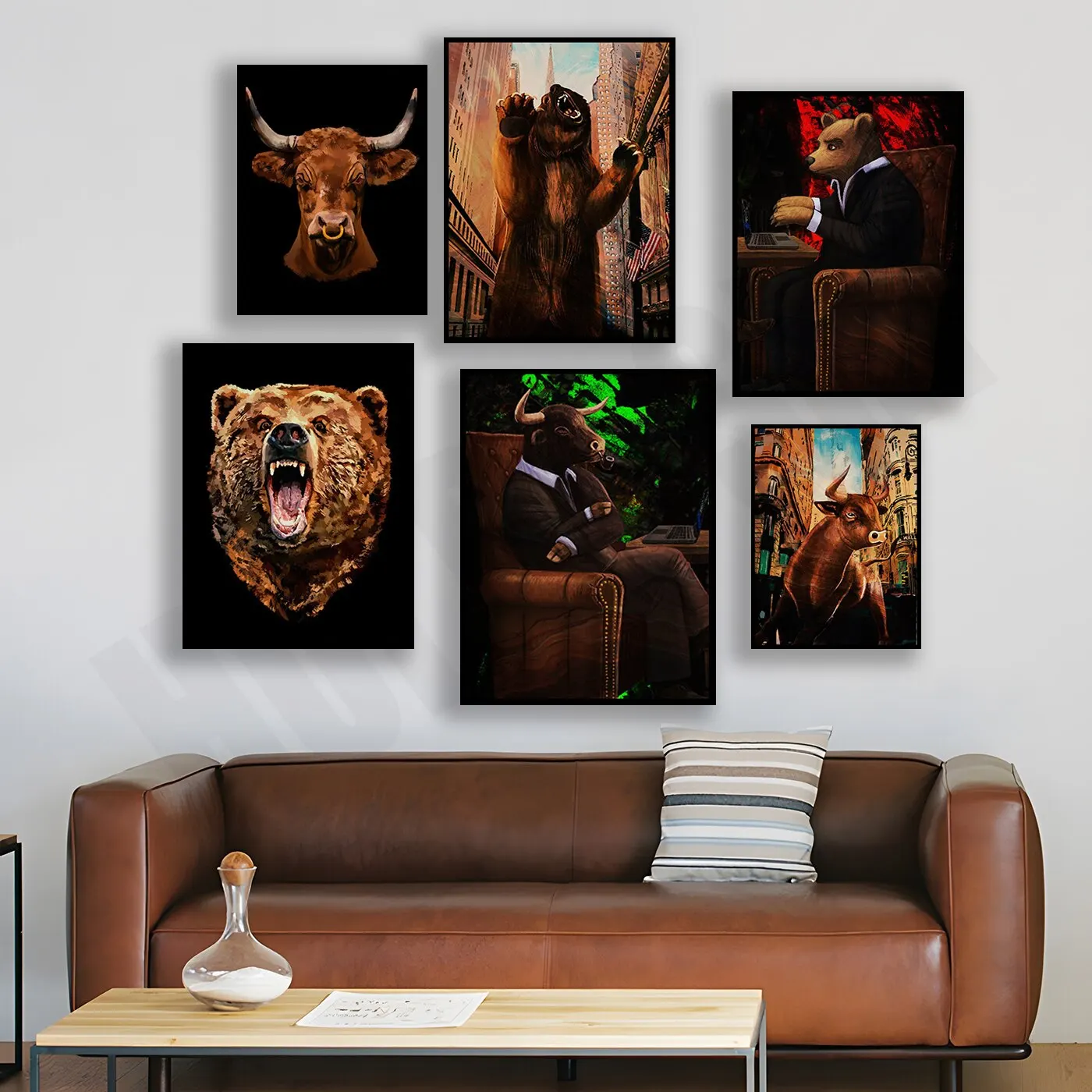 سوق الأسهم الثور مقابل الدب قماش الفن رجل الأعمال التجارية الدافع جدار ديكور ملصق المالية مكتب المنزل #1