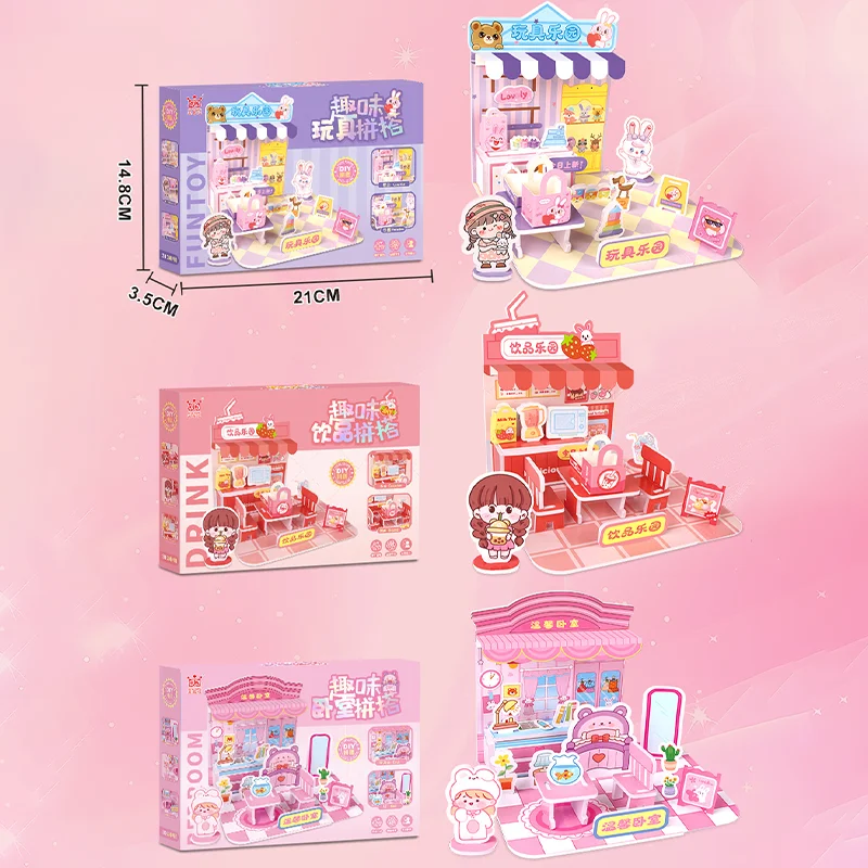 

2024 New 3D Puzzle House DIY Miniature Building Kit Convenience Store, Bubble Tea Shop,Bedroom Easy Assembly Model Toys for Kids