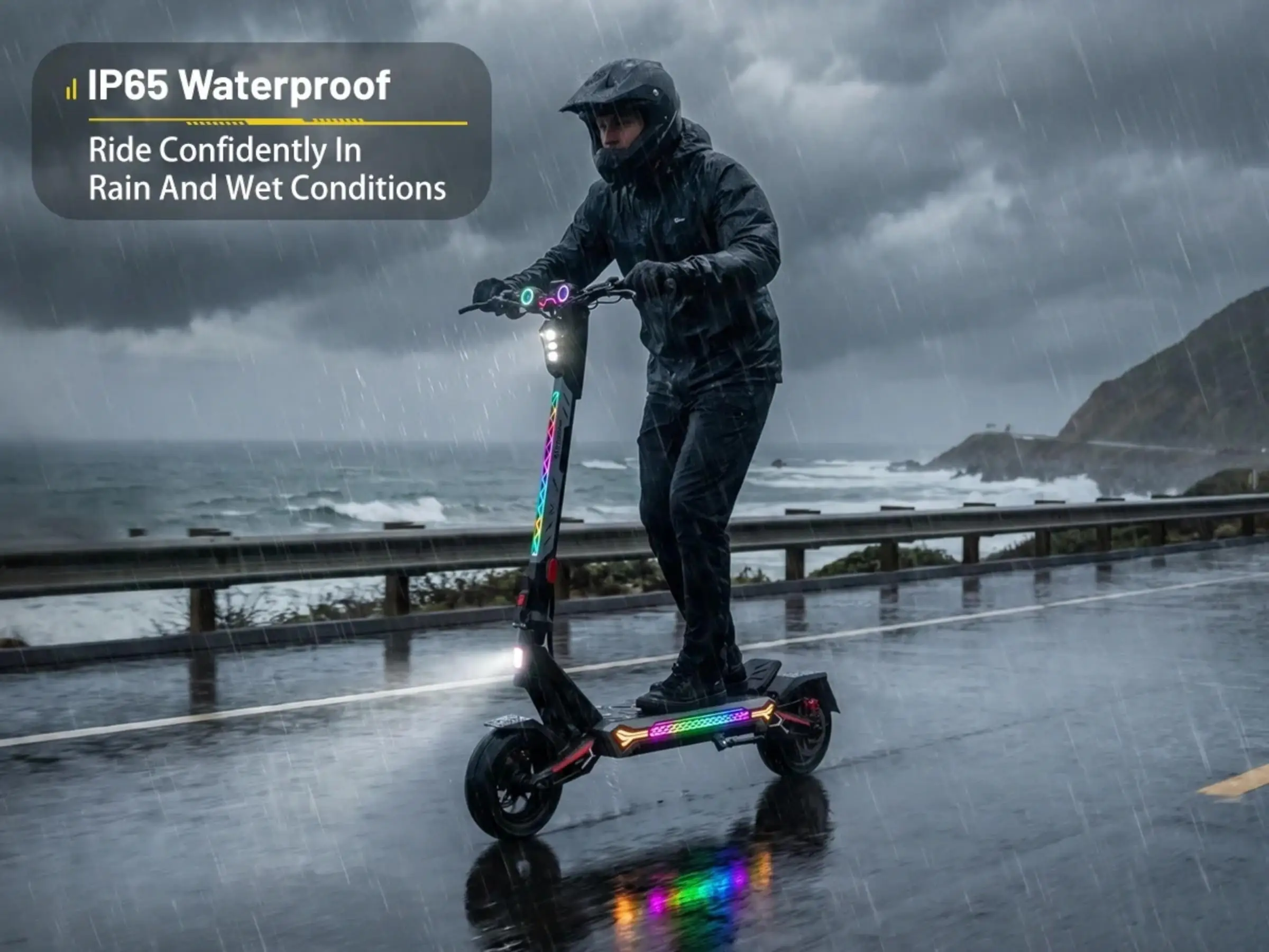 ONECNA T4 3500W Bluetooth Speaker Foldable Electric Scooter, Peak 3500W Single-Super Motor, Long Range. Max Speed 40 MPH, Off-Road Tires, Fully Suspended Frame, Eye-Catching LED Ambient Lights. Commuting/Transportation/Off-Road