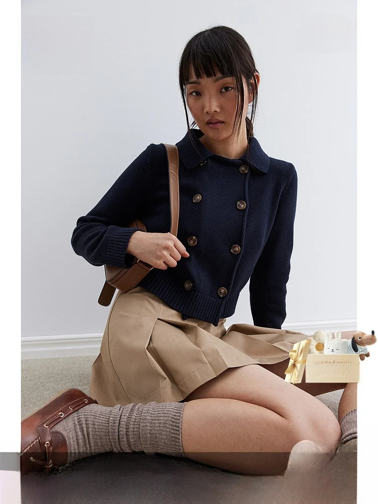 

Women's Knitted Sweater Autumn Design Double Button Slant Lapel Knitwear H&M 262835 Long Sve Regular Length Cotton Blend