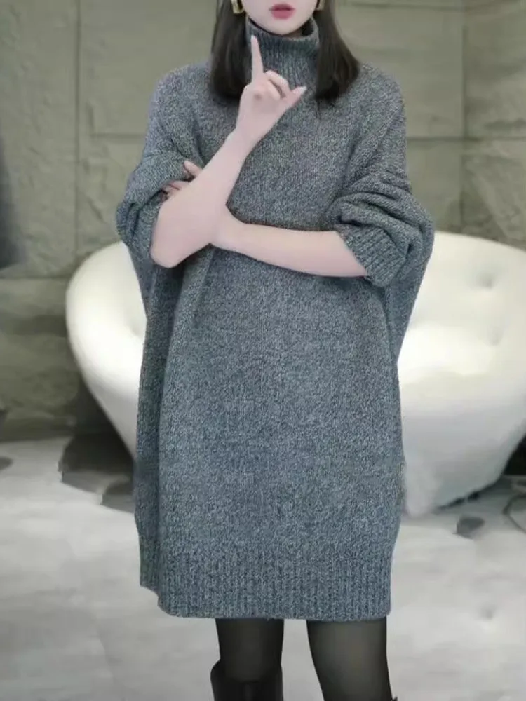 

Свободное вязаное платье-свитер с высоким воротом для женщин больших размеров, осенне-зимнее, в стиле Lazy Sle, из мягкого хлопка, с длинными рукавами, миди-платье