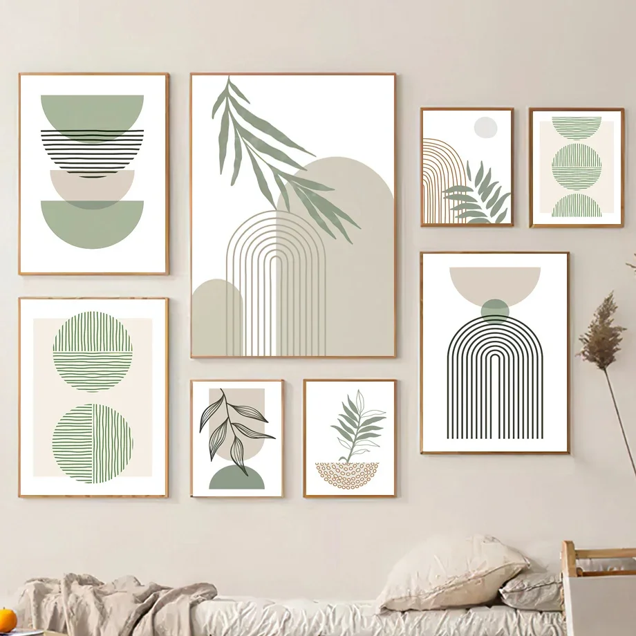 Línea verde hojas geometría abstracta Boho decoración de la habitación cuadro sobre lienzo para pared moderno póster nórdico e impresiones de pared