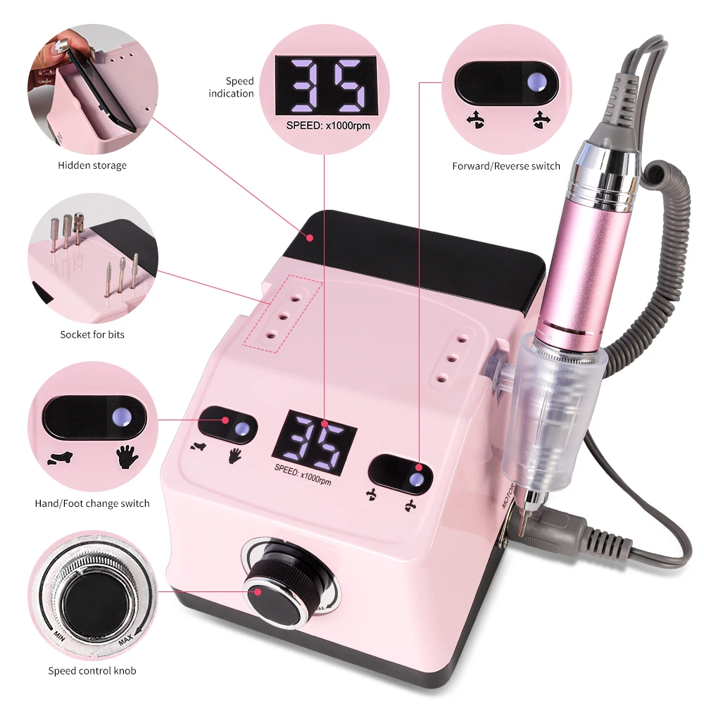 Professional 35000RPM Electric Nail File Low Noise Electric Nail Drill for Nail Polish Gel Polish Nail Sander File Nail Tool