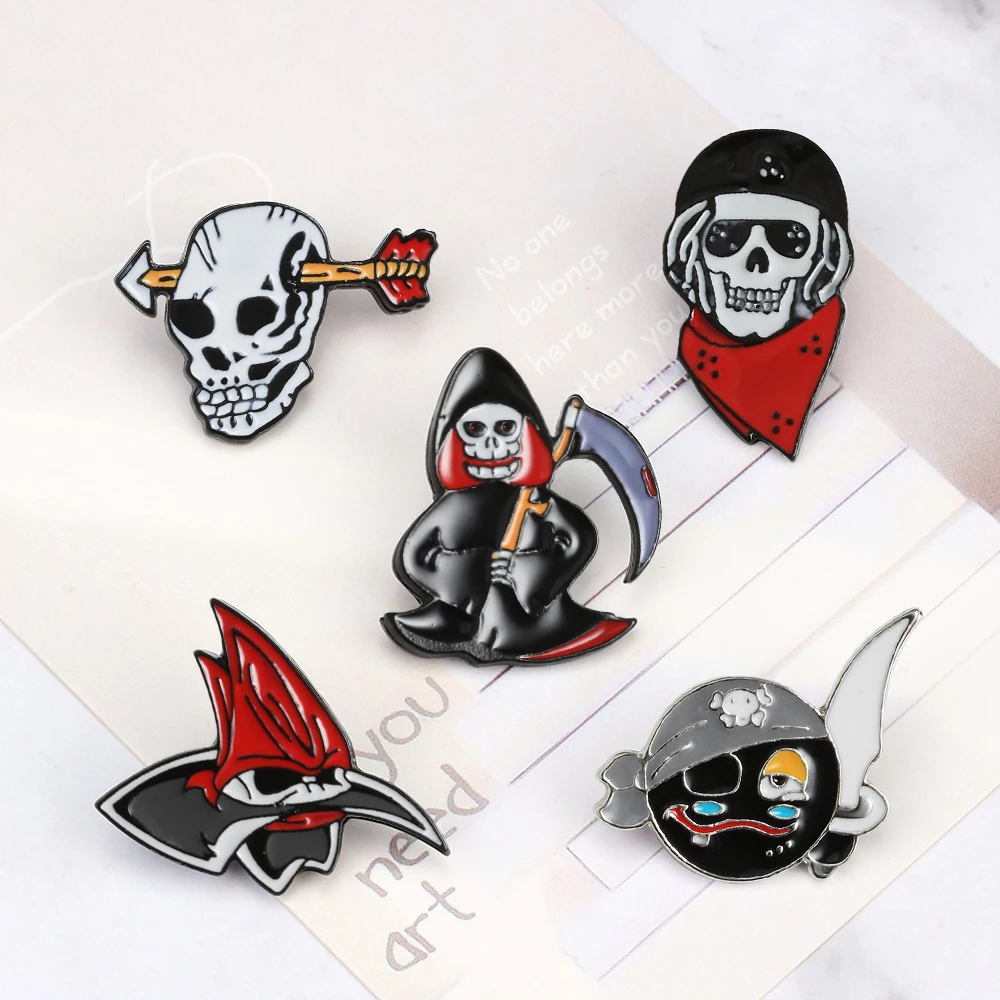 Funny Punk Skeleton Enamel Pin Pirate Sickle Red Scarf Skull Ghost Badge Brooch Backpack Clothes Lapel Pin Cool Fashion Jewelry