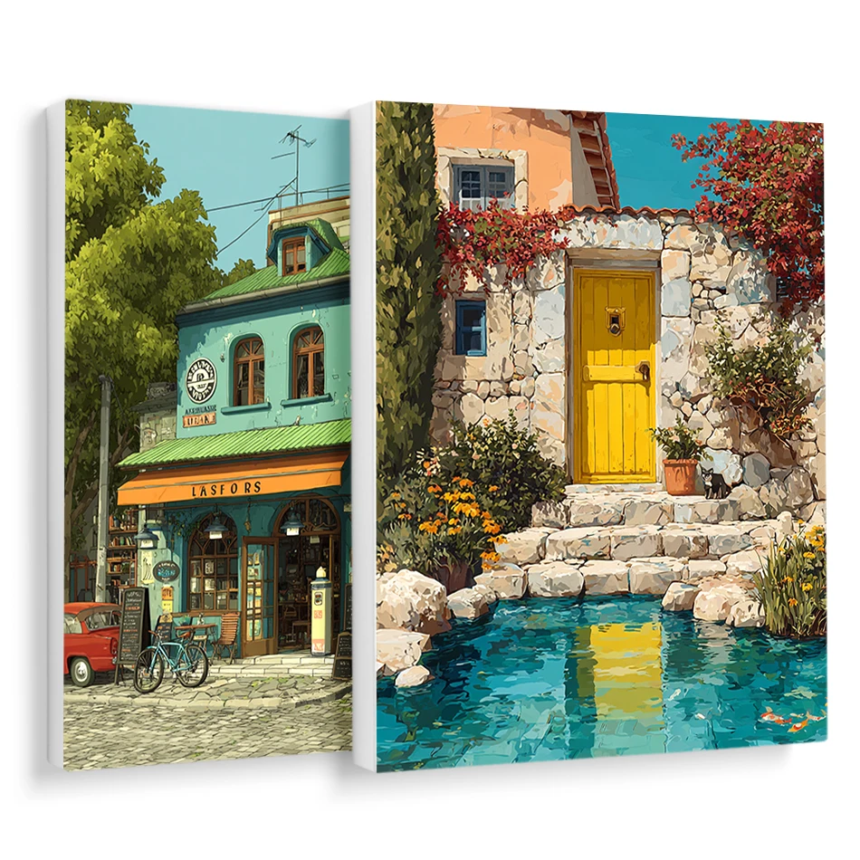 RUOPOTY الطلاء بالأرقام الطلاء صور بالأرقام الرجعية المناظر الطبيعية العمارة صورة الرسم الفنون الحرف لمجموعة الأعمال اليدوية