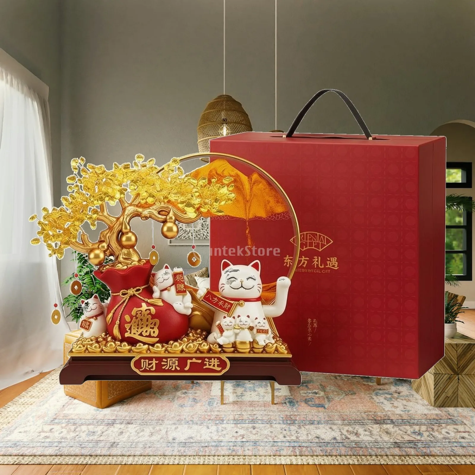 Traditional Charm Cat Figurine with Gilt Leaves and Wealth Pouch Decor for Business Reception Entryway Gift Box