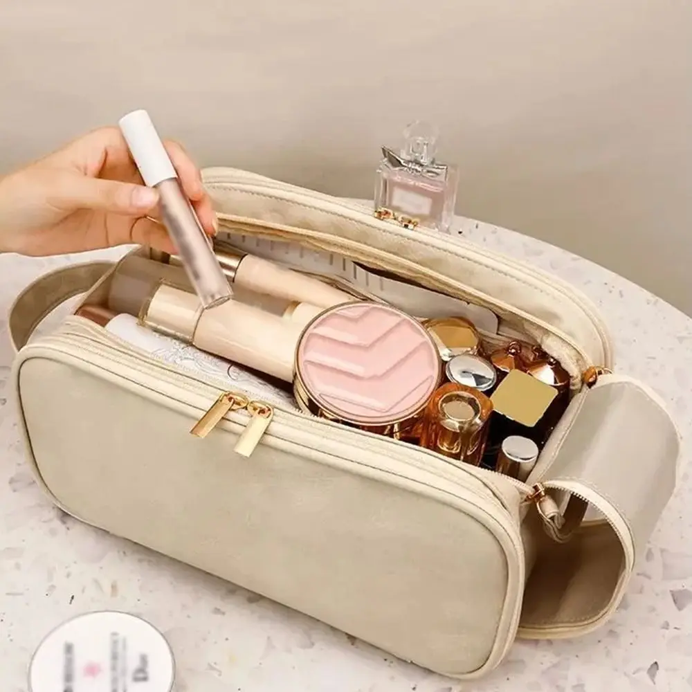 Przenośna kosmetyczka damska w jednolitym kolorze, o dużej pojemności, podróżny organizer na kosmetyki, skóra PU, podwójny zamek błyskawiczny