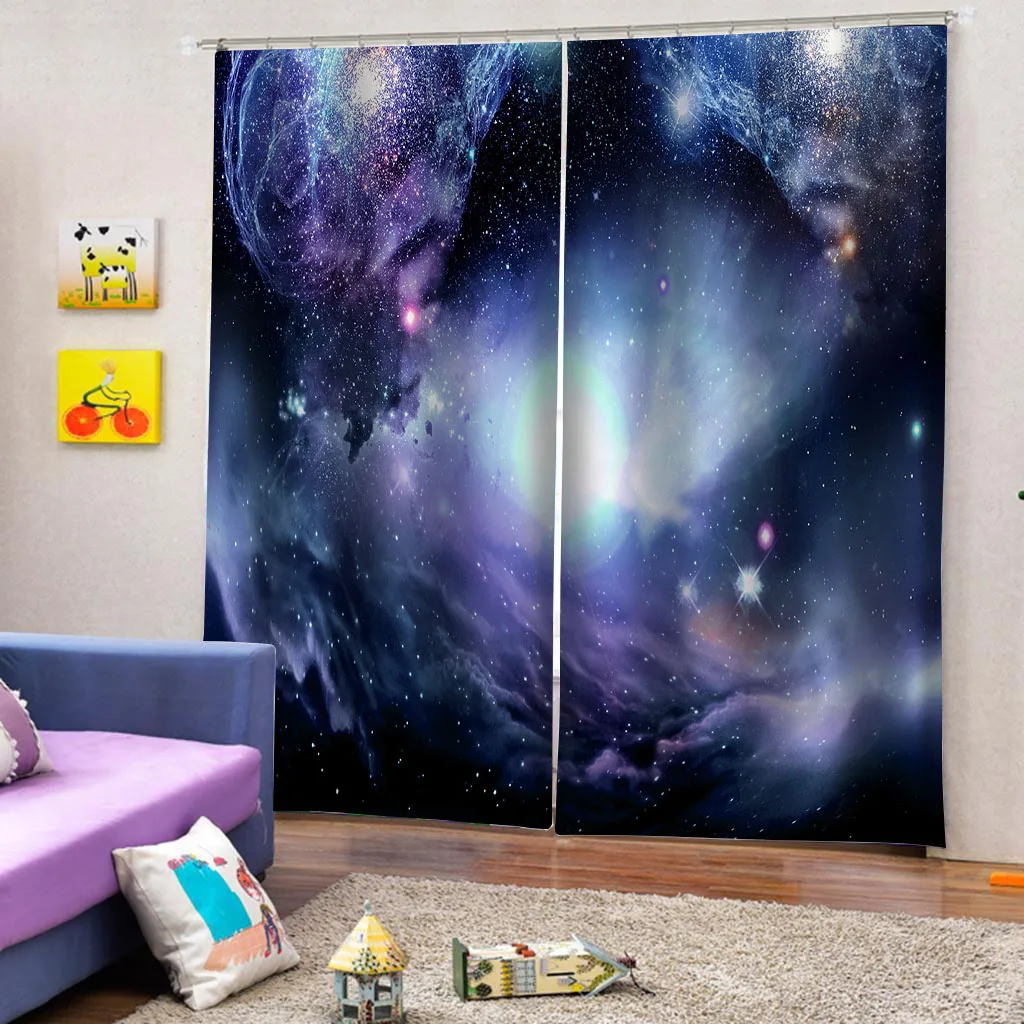 2Panels Space Galaxy Color Starry Sky Print Curtains Kids Room Bedroom Living Room Blinds Windows Curtains Grommet Top cortinas