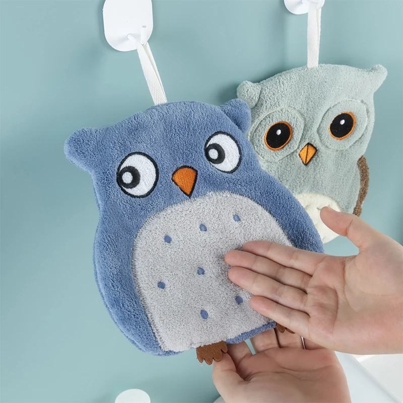 Cute Owl Coral Fleece Wall-Mounted Hand Towel, Super Absorbent & Quick-Dry Hanging Kitchen Bath Towel With Hanging Loop