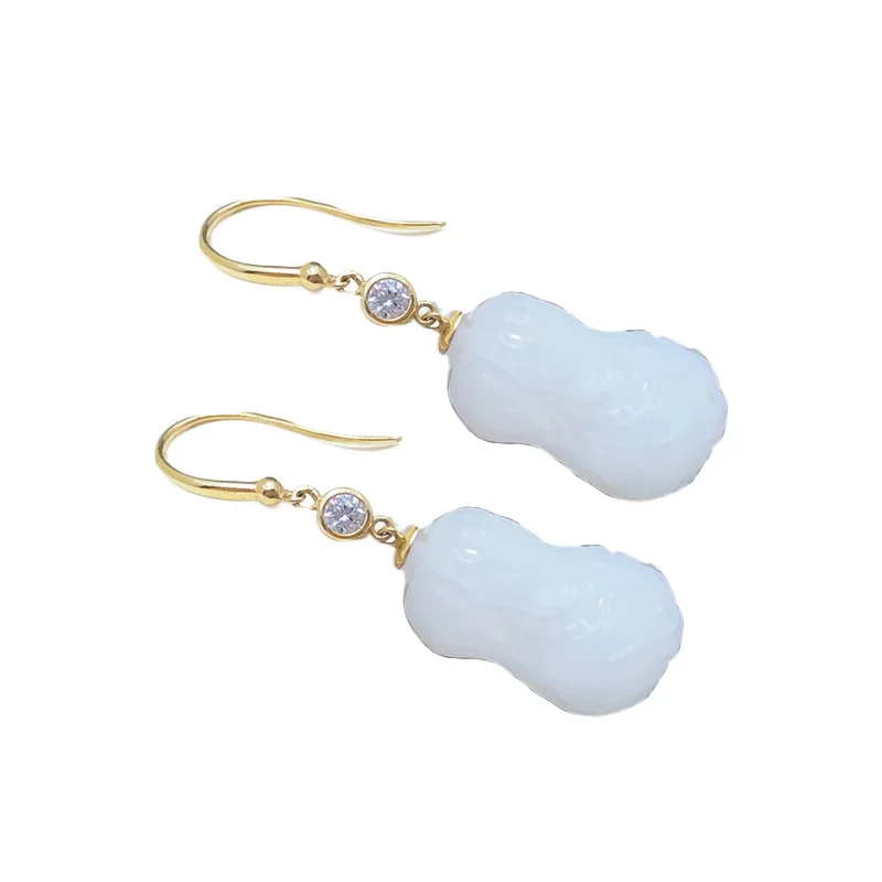 

SHILOVEM серьги-гвоздики из желтого золота 18 карат с белым нефритом, новый подарок на день рождения, Рождество, модная оптовая продажа для женщин 10*18 мм yze101803