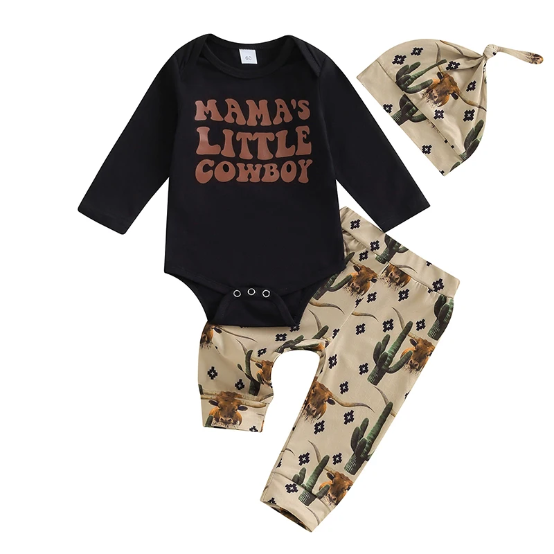 Baby Boy Cowboy Outfit Newborn Western Country Boy Clothes Cow Print Letter Bodysuit Long Pants Cap 3pcs Fall Clothes