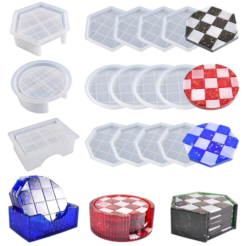 5 Piece Set DIY Circular Coaster Mold Epoxy Resin Molds Hexahedron Octagon Coaster Silicone Mold Checkerboard Grid Cup Mat Molds