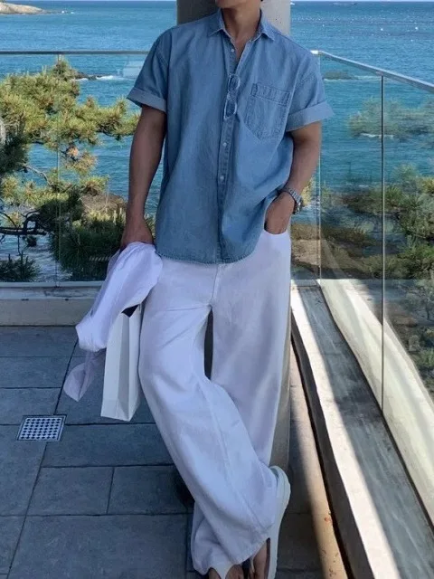 

Waed Denim ort Sve irt Мужская летняя свободная повседневная корейская одежда для поездок на работу винтажная одежда из хлопкового материала обычной длины