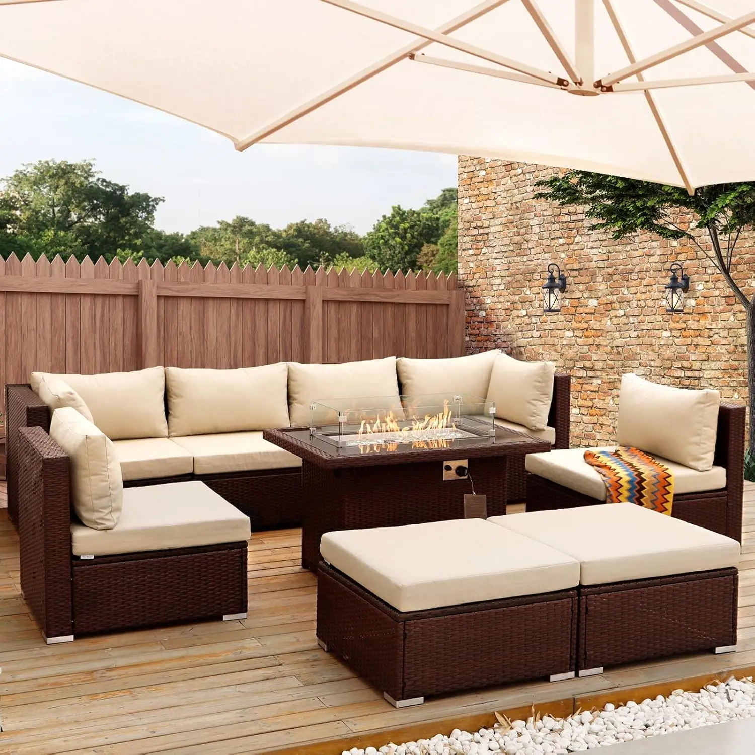 

9 PCs PE Wicker Patio Furniture Set High Back Sofa Sets with Propane Fire Pit Table 55000 BTU Balcony Rattan Conversation Sets