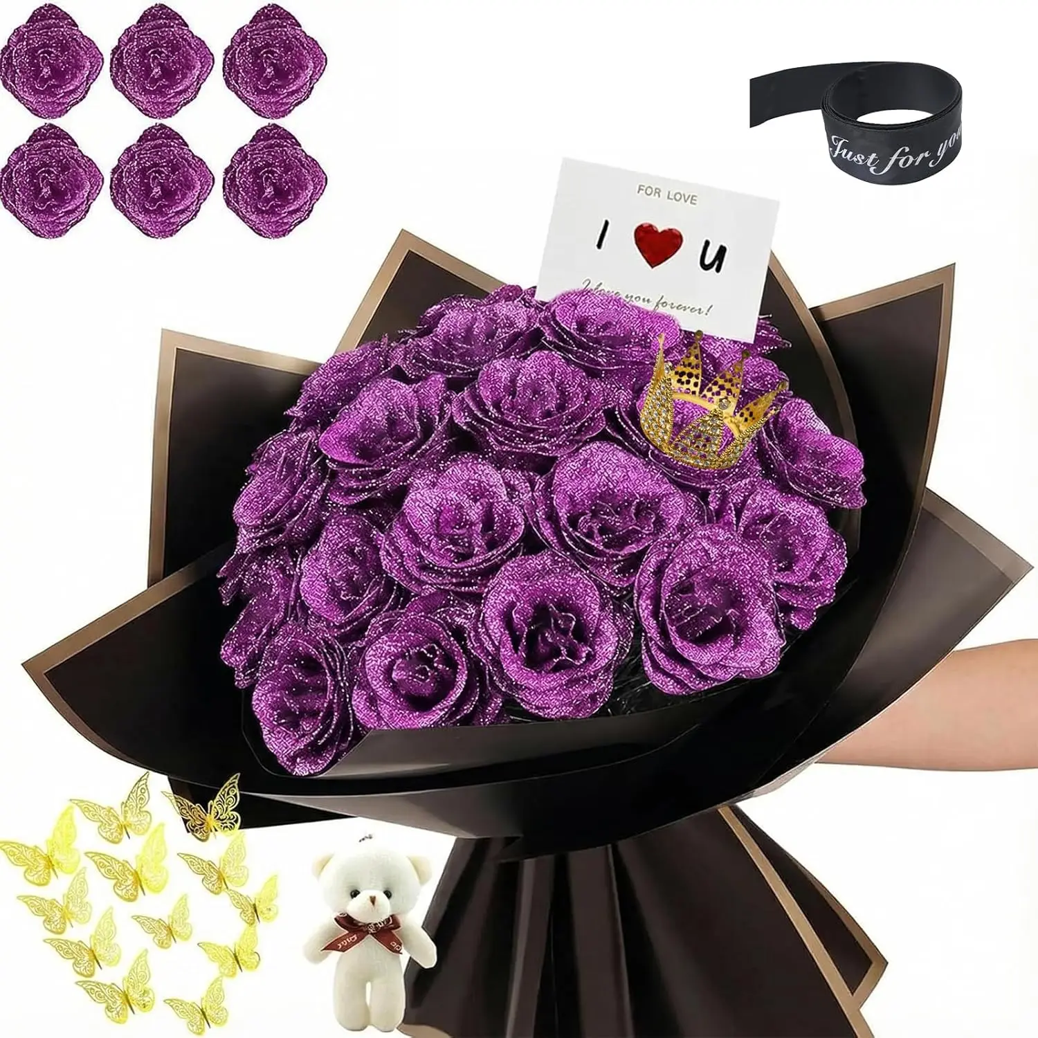 

Glitter Roses Bouquet, DIY Fake Glitter Flowers Bouquet, Everlasting Shiny Artificial Red Rose