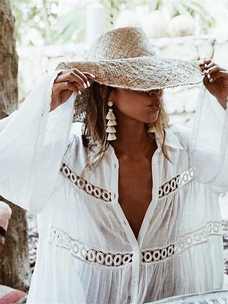 2025 nuevo ahuecado Bikini encubrimientos mujeres playa cubrir un solo pecho cuello vuelto manga larga verano moda ropa de playa