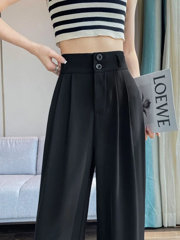 

Double-Buckled High-Waisted Wide-Leg Pants Straight-Cut Thin Workwear Trousers for Tall Women Casual Professional Summer
