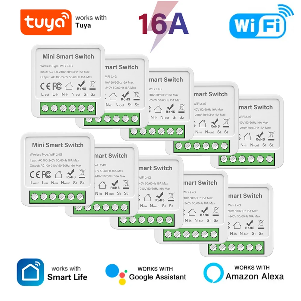 

Tuya Mini Smart Switch with Wi-Fi, DIY Light Switches, 2 Way Wireless, Smart Home, Smart Life App, Alexa, Google Home, 16A