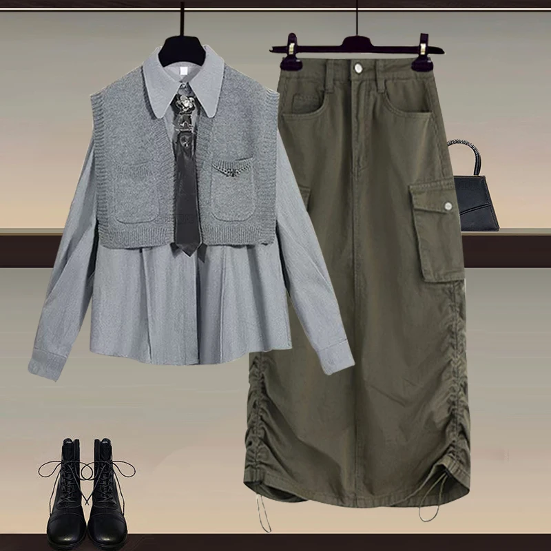 

Spring 2026 New Fashionable College Style Shirt Vest Set Slimming Work Skirt Three Piece Set Long Sleeve Collar Polyeste...