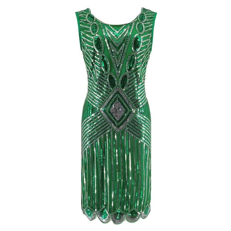 

Women 1920s Gatsby Sequin Art Deco Scalloped Hem Inspired Flapper Dress Vintage O-neck Sleeveless Hollow Out Back Party Dress