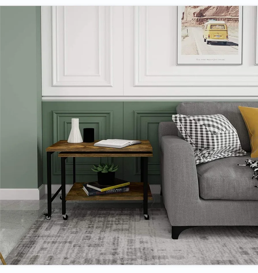 -Easy Assembly Industrial 2-Tier Stand Coffee Table With Storage