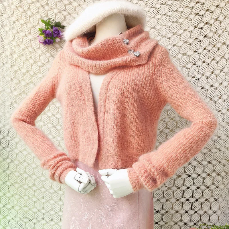 

2026 Spring Autumn Fashion Pink Hairy Mohair Wool Knitted Short Style Long Sleeves Crop Top Cardigans Mantle With Scarf Sweater