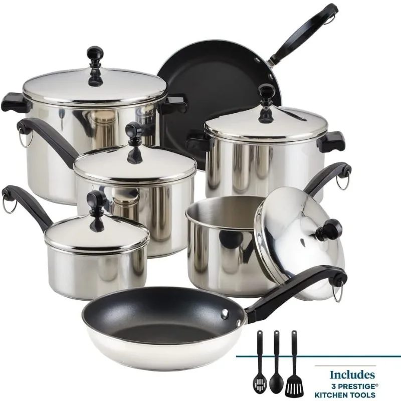 Classic Stainless Steel Cookware Pots and Pans Set, 15-Piece,50049,Silver