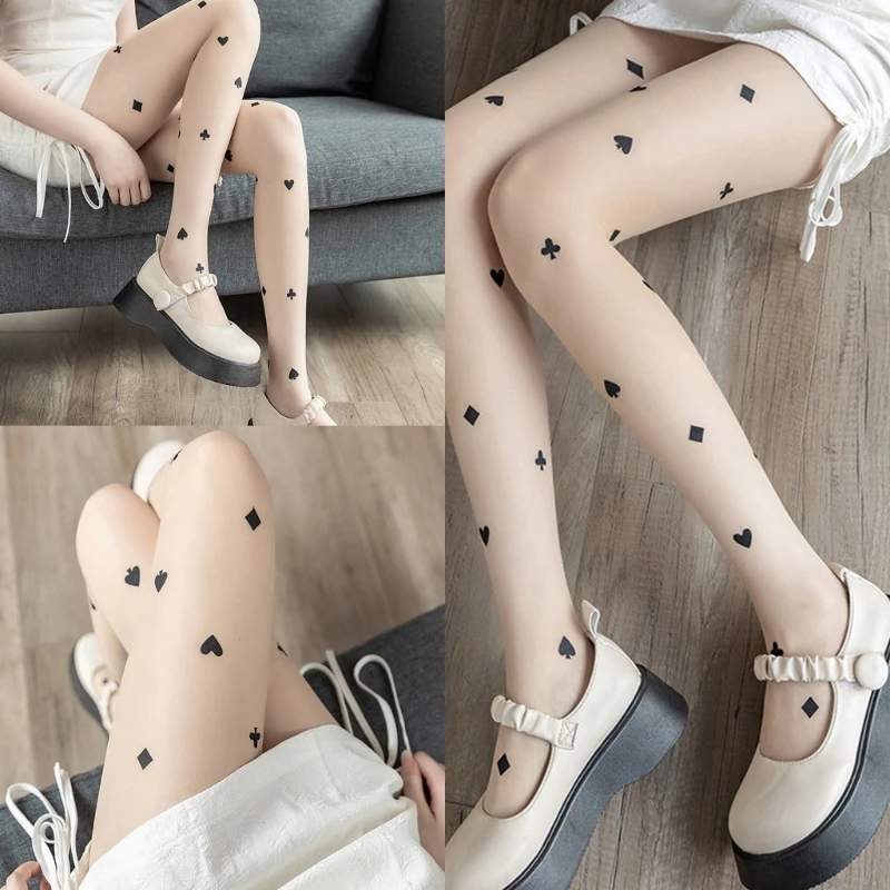 Playing Card High Waist Pantyhose Sheer Tights Thigh High Stockings for Womens