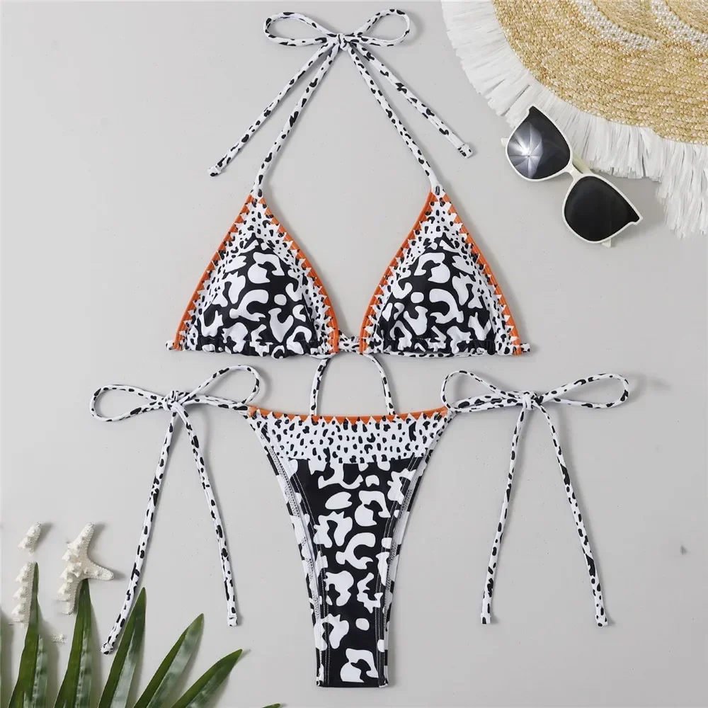 

Leopar Print Triangle Halter Micro Thong Bikinis Set Sexy Mini Swimsuits Women Swimwear Lace-up Bathing Suit Bikini 2023 Mujer