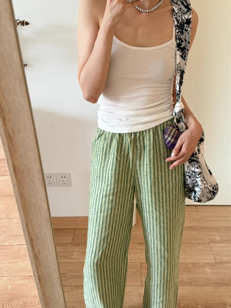 Recomendação de nível Chao! Design japonês Sensation Casual cor tecido linho listra calças de nove peças cintura elástica completa para...