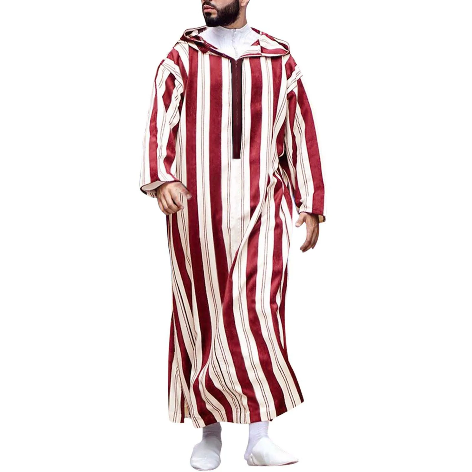 Cold Dress For Men Thobe Casual Robe Muslim Hooded Thobe Long Striped Print Half Sleeve Big And Tall Mens Arab Saudi Kaftan