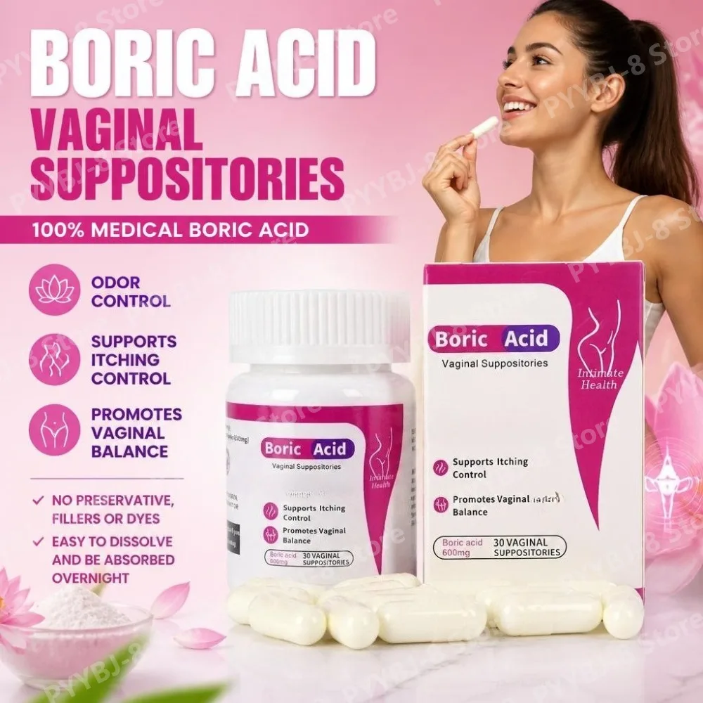Boric Acid Vaginal Suppositories 100% Medical 600 Mg Each with Odor Control and Itching Control Support, 30 Suppositories