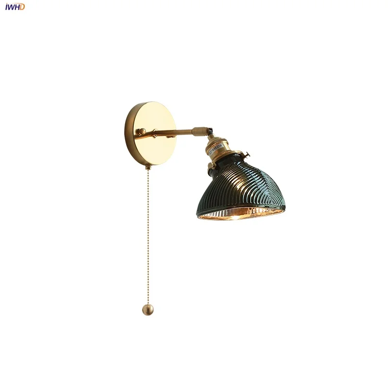 

IWHD Green Glass LED Wall Lamp Sconce Porch Study Living Room Nordic Modern Rotate Copper Pull Chain Switch Stair Light Fixtures