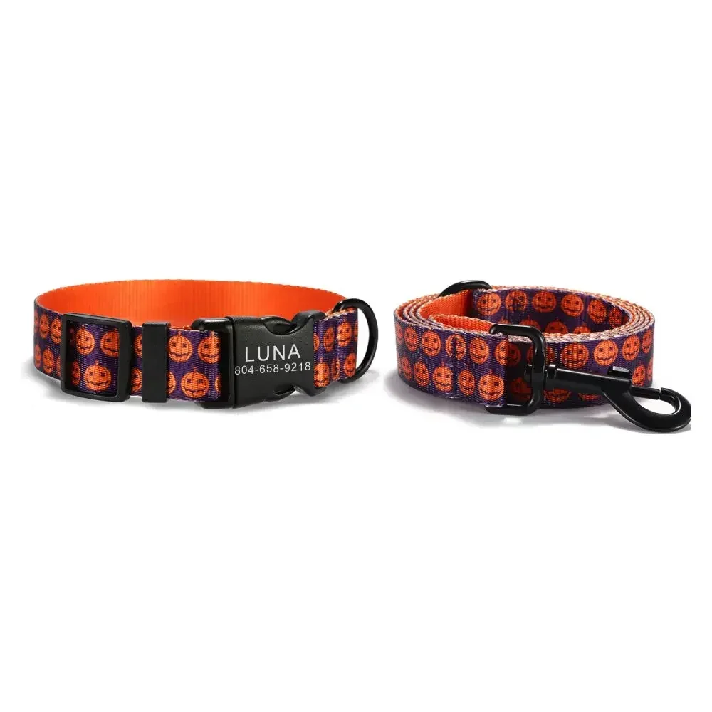 

Personalized Dog Collar with Free Engraving, Matching Pet Leash,Customzied Contacts Buckle, Halloween Pumpkins Pet Collar