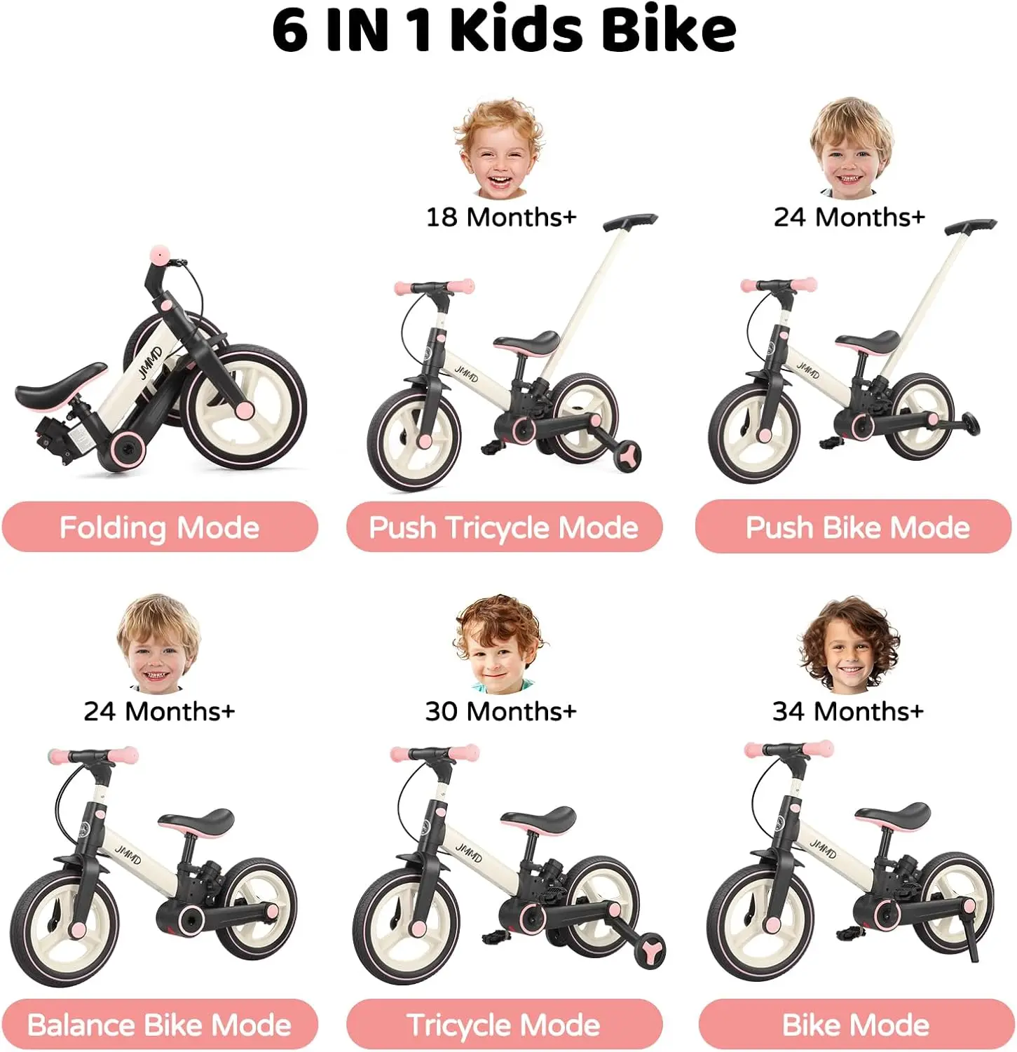 Toddler Bike with Push Handle for Kids 18-60 Months, 6 in 1 Foldable Push Bike with Training Wheels, Pedals, Brakes, Kickstand,