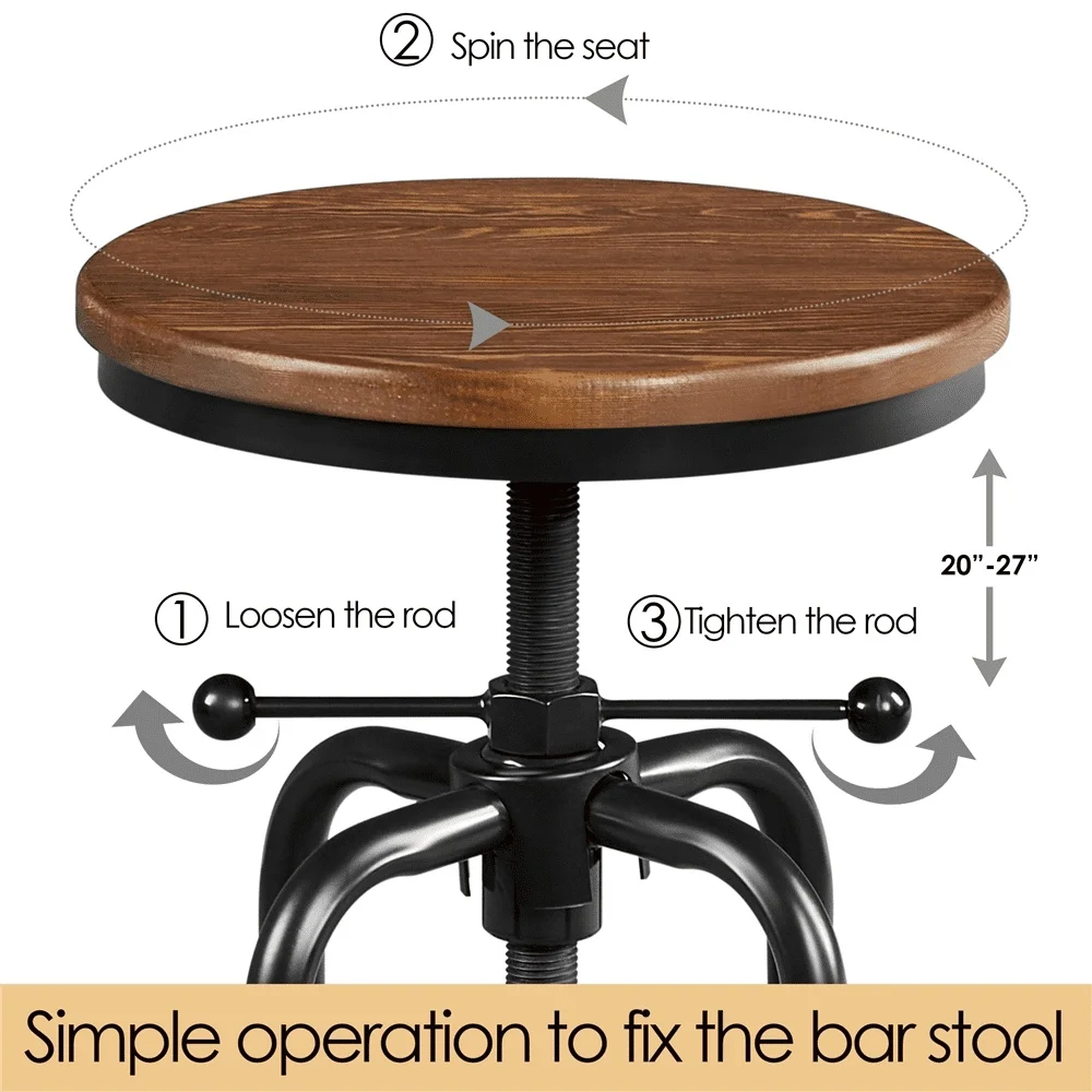 Rustic Industrial Bar Stool Adjustable Height Kitchen Counter Stool with Solid Pinewood Seat Metal Frame Dining Room Bar
