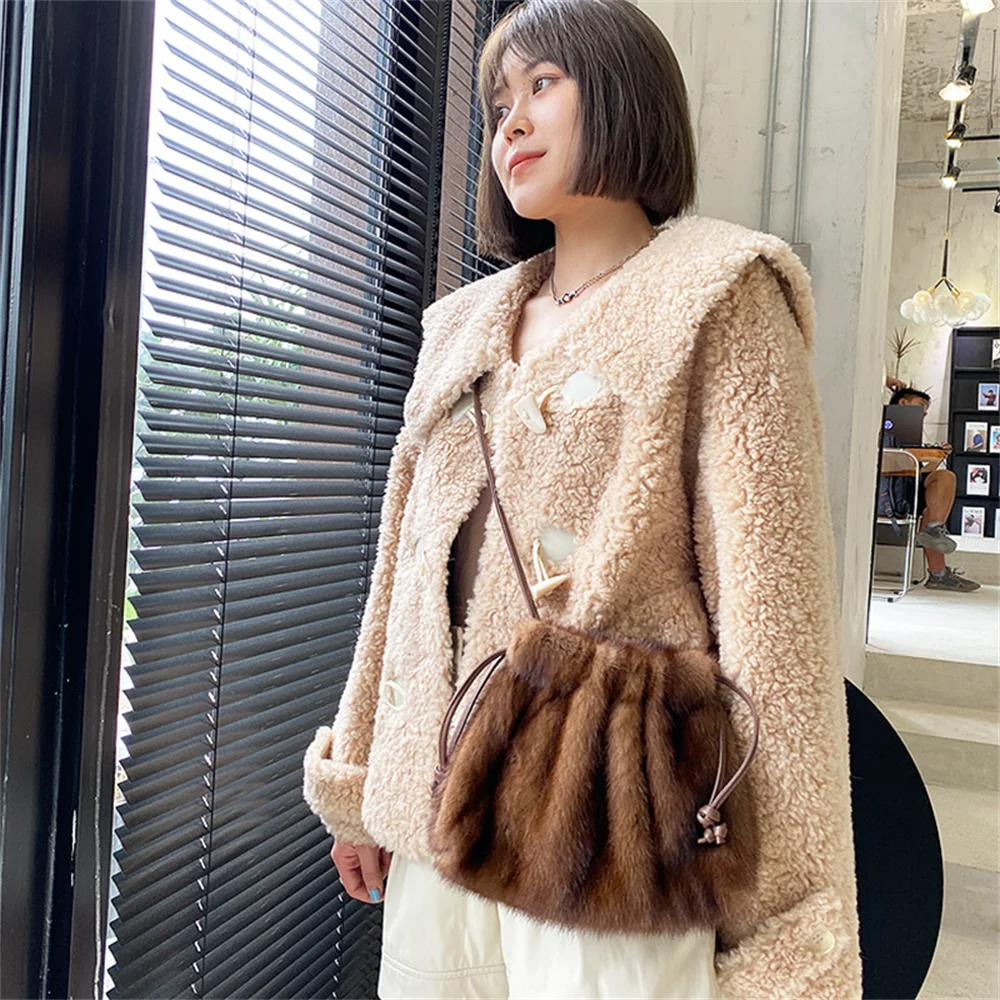 Ladies Real Mink Drawstring Messenger Bag Fashion Lady Single -Shoulder Bags High-End Real Fluffy Fur Bags Women Wrist Handbag