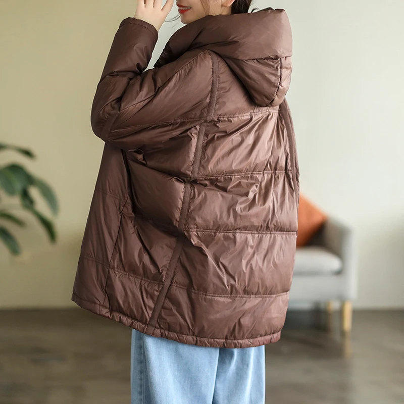 Schinteon mulher pato branco para baixo solto jaqueta com capuz outono inverno outwear casual sobre tamanho retalhos casaco estilo coreano